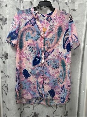 Women's Casual Paisley Button-Down Shirt - Pink & Blue